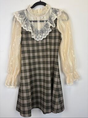 Bec & Xin Plaid Lace Dress Ruffle Collar Cottagecore Romantic Mini Size small